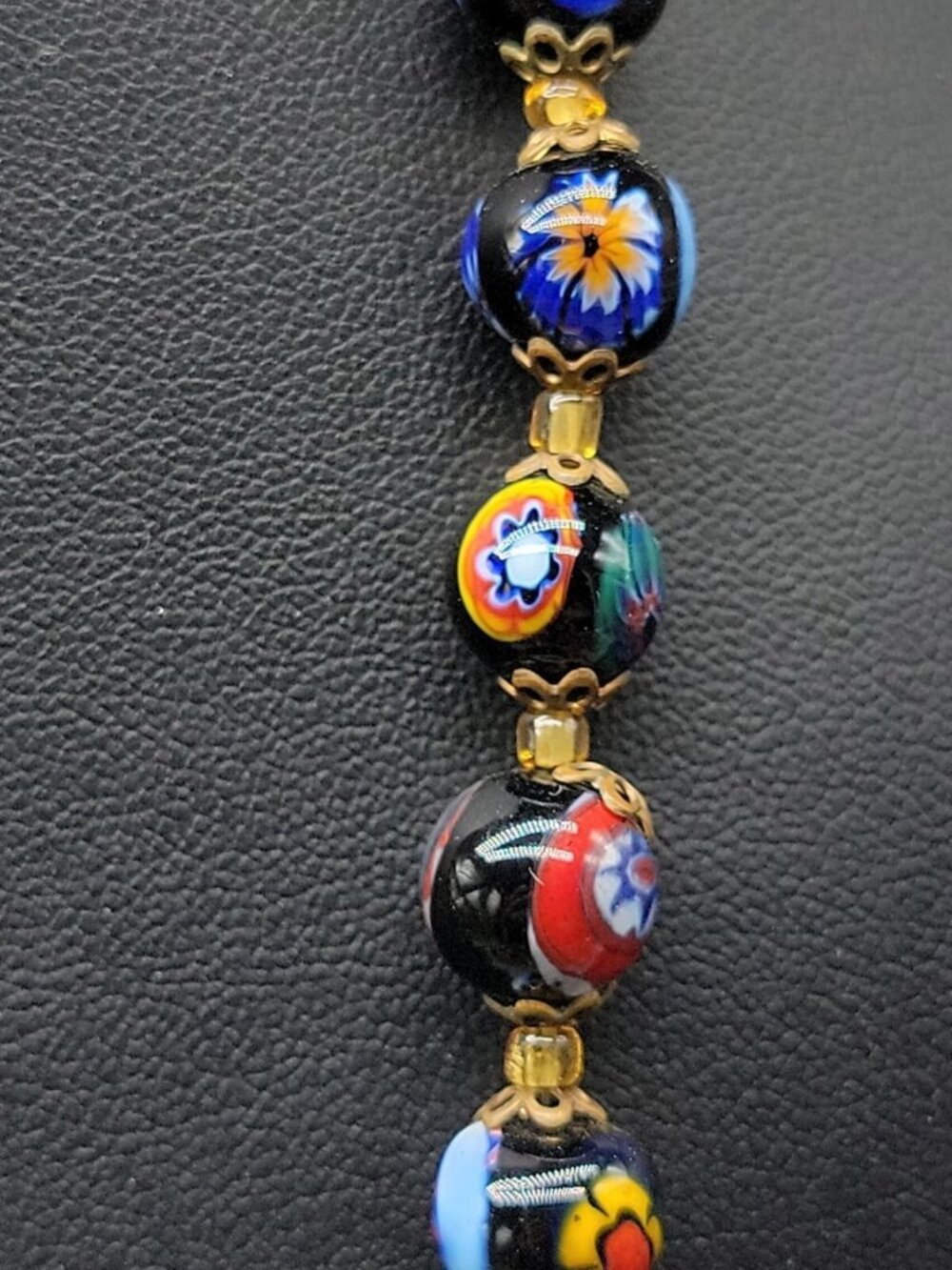 Antique Venetian Millefiori Murano Glass Bead Necklace 23" Graduated Black 16mm - Picture 11 of 16